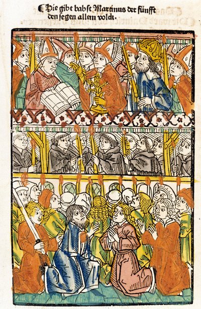 Paus Martinus V (1368 - 1431) gekozen op het Concilie van Konstanz (1417) en beëindigt het grote westers schisma. Das concilium door Unknown artist