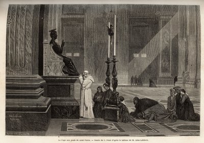 Paus Pius IX (pio 9) (1792-1878) verzameld aan de voet van het standbeeld van St. Peter, bij de ingang van de basiliek, in het Vaticaan. Gravure ter illustratie van het verhaal van Rome, door Francis Wey, in 1864-1868, gepubliceerd in 