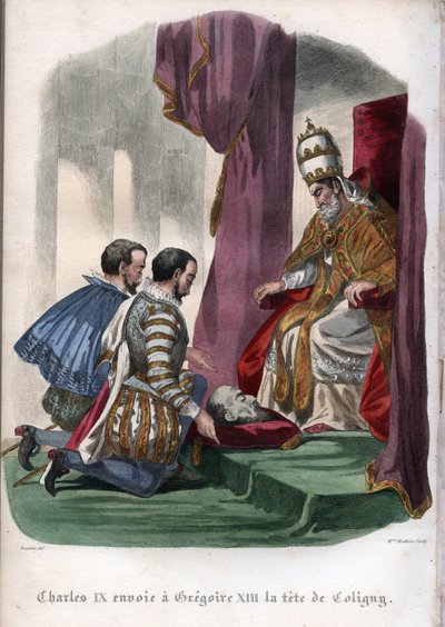 Paus Gregorius XIII (1502-1585) ontvangt het hoofd van Gaspard de Coligny (1519-1572), vermoord tijdens de Bartholomeusnacht in 1572, als geschenk van koning Karel IX van Frankrijk (1550-1574). door Unknown artist