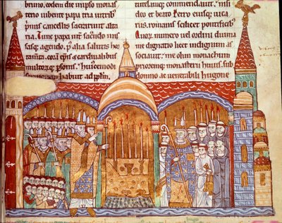 Paus Urbanus II (1042-1099) voor het altaar van de Abdij van Cluny. Hij bevestigde de abdij van Cluny in haar privileges en bezittingen en gaf Hughes abdij het gebruik van bisschoppelijke ornamenten in 1088. Miniatuur uit de Kronieken van Cluny door Unknown artist
