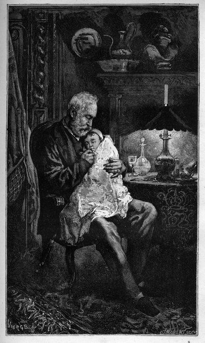 Portret van Victor Hugo, zittend met kleindochter Jeanne - gravure uit 