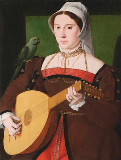 Portret van een vrouw die luit speelt, met een papegaai op haar schouder door Unknown artist