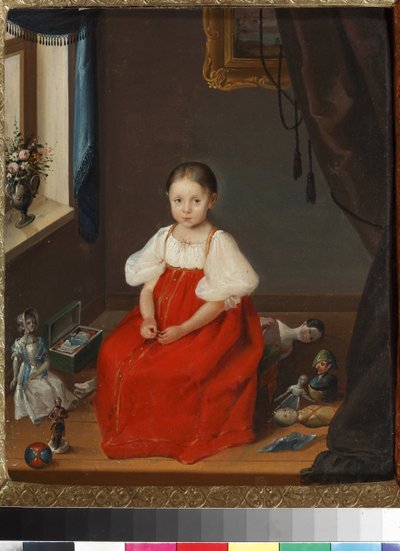 Portret van een meisje in een rode sarafan met speelgoed door Unknown artist