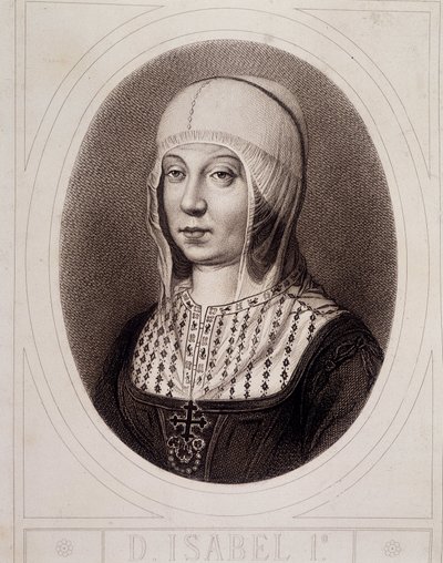 Portret in medaillon van Isabella I de Katholieke van Castilië - gravure door Unknown artist