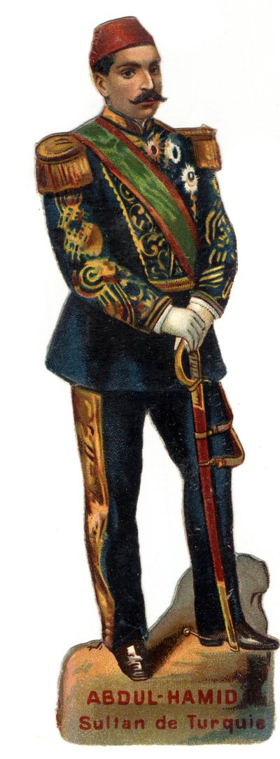 Portret van Abdulhamid II (Abd ul Hamid, Abd-ul-Hamid, Abdulhemit, Abdul Hamid, Abdul Hamid, Abd al-Hamid, Abd al-Hamid) (1842-1918), Ottomaanse sultan (Turkije). Late chromolithografie van de 19e eeuw. Privécollectie. door Unknown artist