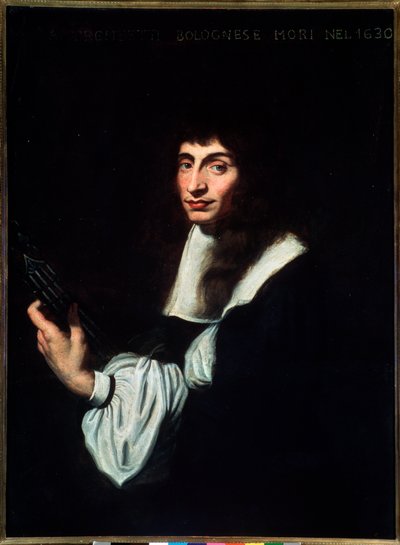 Portret van Agostino Trombetti (17e eeuw) Italiaanse gitarist en zanger door Unknown artist