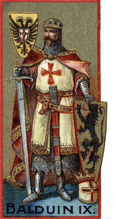 Portret van Boudewijn IX (Boudewijn IX van Vlaanderen) of (Boudewijn VI van Henegouwen) bekend als Boudewijn van Constantinopel, keizer van Constantinopel van 1204 tot 1205 onder de naam Boudewijn I. Chromo van de late 19e eeuw. door Unknown artist