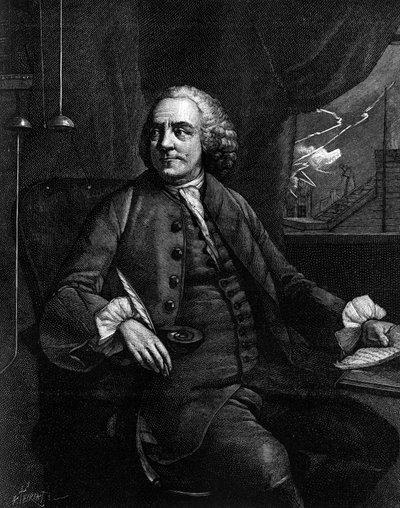 Portret van Benjamin Franklin (1706-1790), Amerikaanse filosoof, natuurkundige en ambassadeur. (Van een oude gravure). Gravure in 