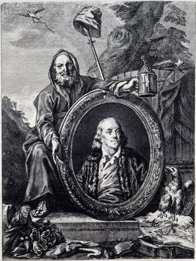 Portret van Benjamin Franklin (1706 - 1790), Amerikaanse politicus, memoralist, pamflettist en natuurkundige door Unknown artist
