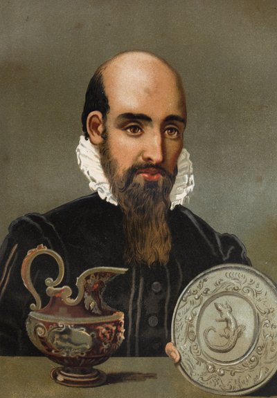 Portret van Bernard Palissy (1510 - 1589). Chromolithografie van het einde van de 19e eeuw. gebaseerd op 