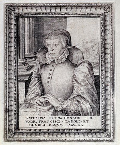 Portret van Catherine de Medicis (1519-1589), koningin van Frankrijk. Gravure uit de 16e eeuw. Pau, Musee Du Chateau door Unknown artist