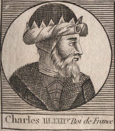 Portret van Karel III de Eenvoudige (879-929) koning van de Franken - Karel III (879-929) - Karel de Eenvoudige - koning van Frankrijk, 893-923 - gravure uit 