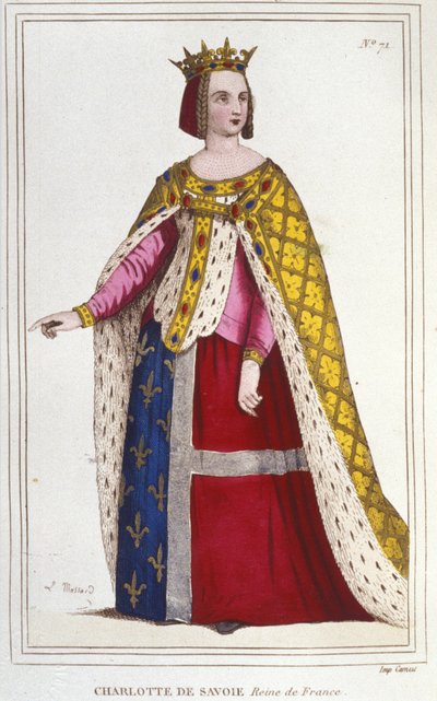 Portret van Charlotte de Savoye 1445 -1483 Koningin van Frankrijk van 1461 tot 1483 Bruid van Lodewijk XI (De Voorzichtige) in 1451 gravure uit 1830 door Unknown artist