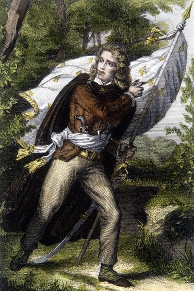 Portret van Chef Chouan Jacques Cathelineau (1759-1793) met de banier met lelies door Unknown artist