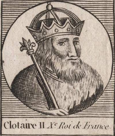 Portret van Clothaire II (584-628), koning van Neustrië en koning van de Franken. Gravure uit 