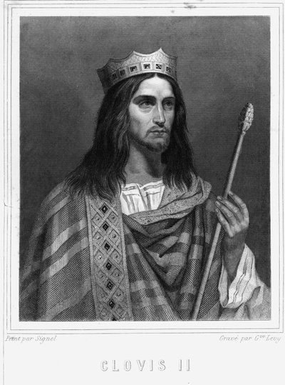 Portret van Clovis II (? - 657), Koning van Neustrië, Bourgondië en Austrasië - in “Histoire des Français” door Lavallée, gravure, sd door Unknown artist