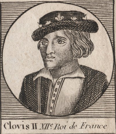 Portret van Clovis II, koning van de Franken (ca. 633-657) - Clovis II (ca. 634-657), Merovingische Frankische koning van Neustrië en Bourgondië (639-657) - gravure uit 