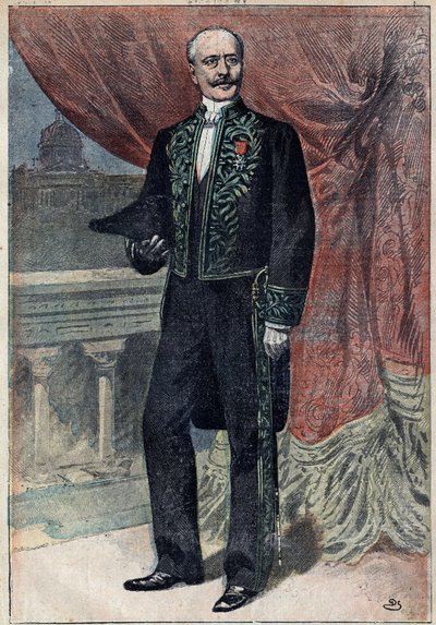 Portret van graaf Albert de Mun (1841-1914), een Franse politicus, essayist en militair, bij zijn intrede in de Academie Francaise op 10 maart 1898. Illustratie in 