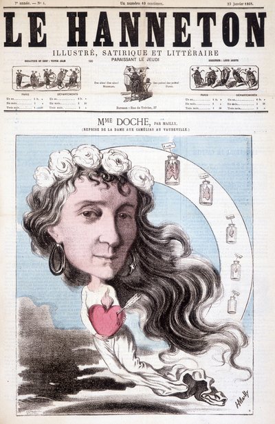 Portret van Eugénie Doche spelend in een omslag in het Vaudeville theater van 