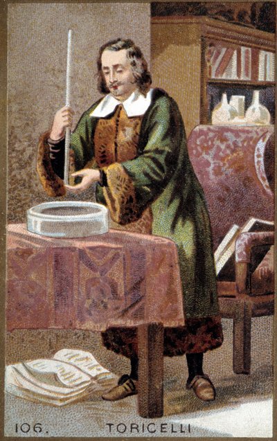 Portret van Evangelista Torricelli (1608-1647), Italiaanse natuurkundige, met zijn uitvinding: de barometer (kwikbuis) door Unknown artist