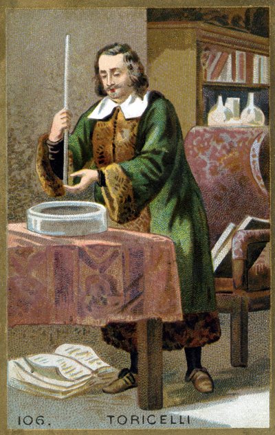 Portret van Evangelista Torricelli (1608 - 1647), Italiaanse natuurkundige met zijn uitvinding de barometer (kwikbuis). Chromolithografie van de 19e eeuw door Unknown artist