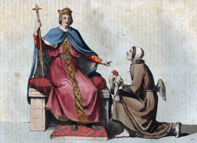 Portret van Frederik II van Hohenstaufen, Heilige Roomse Keizer met zijn valkenier - gravure uit 