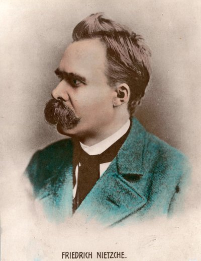 Portret van Friedrich Nietzsche (1844 - 1900), Duitse filosoof. Gravure uit de 19e eeuw. Privécollectie. door Unknown artist