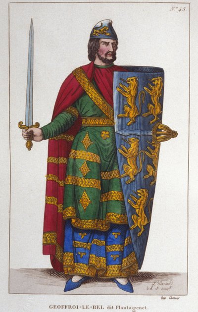Portret van Geoffroy V genaamd Le Bel of Plantagenêt Graaf van Anjou (1113-1151). Gravure uit 1830 door Unknown artist