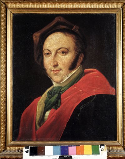 Portret van Gioacchino Rossini (1792-1868) met hoed. Anoniem schilderij. Museo bibliografico. Bologna door Unknown artist