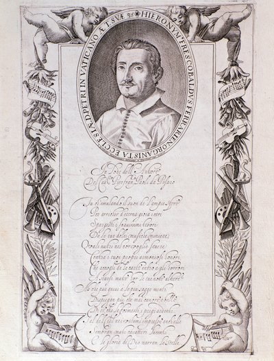 Portret van Girolamo Frescobaldi (1583-1643) Italiaanse componist Gravure van frontispice van Tocrate partituur. 1637. Bologna, Museo civico Museo door Unknown artist