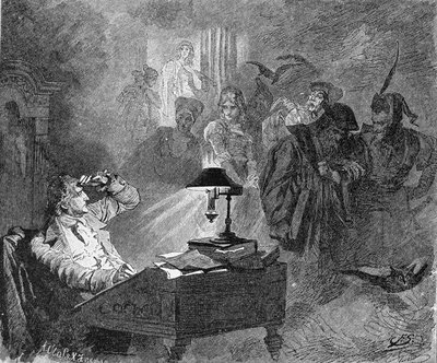 Portret van Goethe omringd door Faust-personages Gravure door Unknown artist
