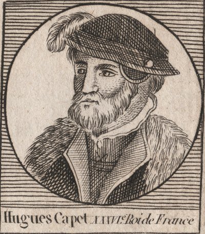 Portret van Hugo I Capet (ca. 941 - 996), hertog van Frankrijk en daarna koning van Frankrijk - Portret van Hugo I Capet (c941-996), koning van Frankrijk - gravure uit 