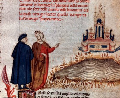 Portret van de Italiaanse dichter Dante Alighieri met Vergilius kijkend naar de troon van Hendrik VII (canto 20 van het Paradijs, in de Goddelijke Komedie) - miniatuur door Unknown artist
