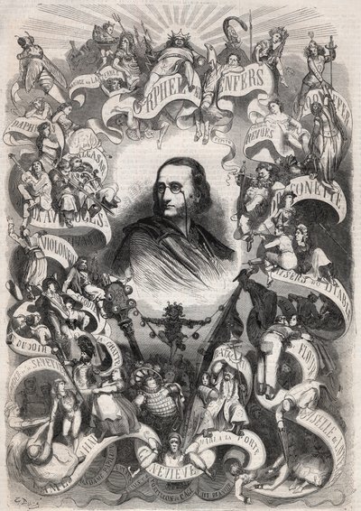 Portret van Jacques Offenbach (1819-1880), Franse componist en directeur van het theater des Bouffes Parisiens, omringd door personages uit zijn werken - Gravure in 