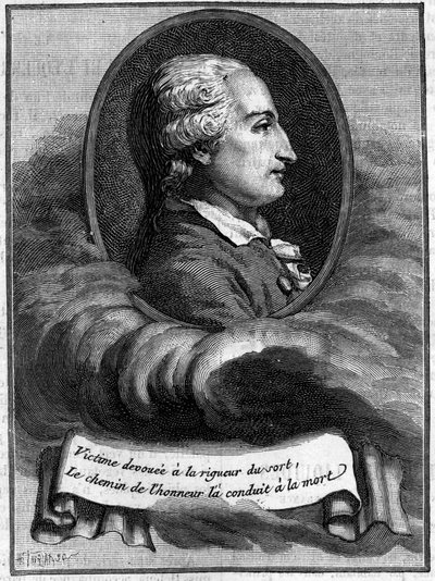 Portret van Jean Francois Pilatre de Rosier (1757-1785), Franse natuurkundige en luchtvaartpionier (eerste ballonreiziger). (Uit een gravure uit die tijd). Gravure in 