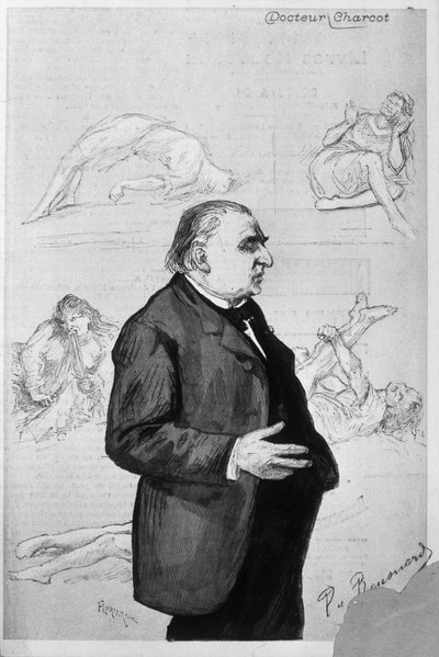 Portret van Jean Martin Charcot (1825 - 1893) met tekeningen die patiënten met hysterie uitbeelden door Unknown artist