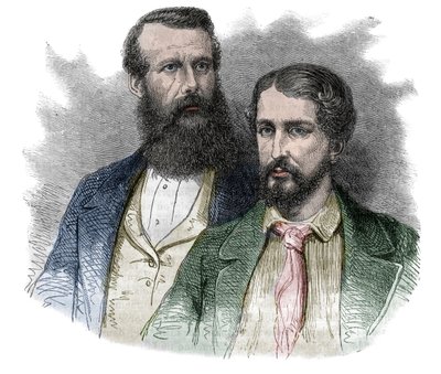 Portret van John Hanning Speke, Britse ontdekkingsreiziger, en James Augustus Grant, Britse soldaat en ontdekkingsreiziger. Samen verkenden ze de bronnen van de Nijl - gravure uit 