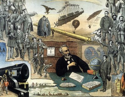 Portret van Jules Verne en scènes uit zijn werken - reclameposter voor zijn volledige werken door Unknown artist