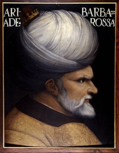 Portret van Khayr Al-Din Barberousse (1476 -1546), oprichter met zijn broer van het Regentschap van Algiers, hij was de vazal van de Ottomaanse sultan en de bondgenoot van Frankrijk tegen Karel V. 16e-eeuws schilderij. Uffizi Museum, Florence. door Unknown artist