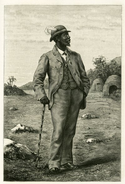 Portret van koning Sepopo van Zambeze (huidig Zuid-Afrika), gekleed in Europese stijl, gravure door P. Dufour, ter illustratie van het verhaal 
