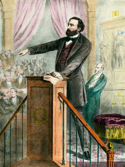 Portret van Leon Gambetta (1838 - 1882) in de galerij. Gravure uit de 19e eeuw. door Unknown artist