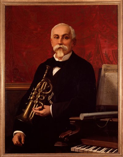 Portret van Lodovico Bortolotti (19e eeuw) Italiaanse muzikant. Hij houdt een trompet vast. Anoniem schilderij. 19e eeuw. Bologna, civico museo bibliografico door Unknown artist