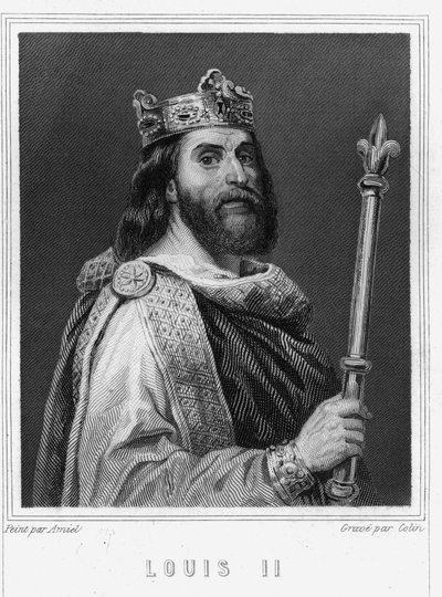 Portret van Lodewijk II de Stamelaar (846-879), Koning van Frankrijk - in “Histoire des Français” door Lavallée, gravure, sd door Unknown artist