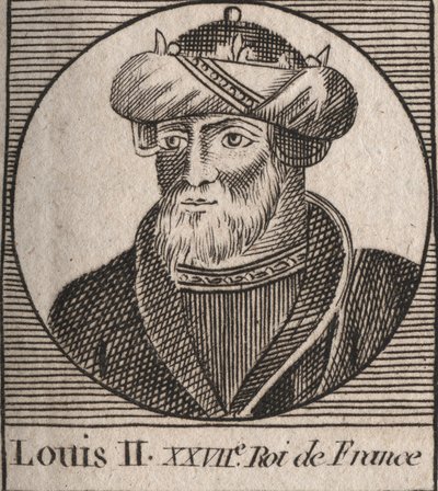 Portret van Lodewijk II de Stotteraar (846 - 879), koning van de Franken - Lodewijk II de Stotteraar 848 tot 879 - gravure uit 