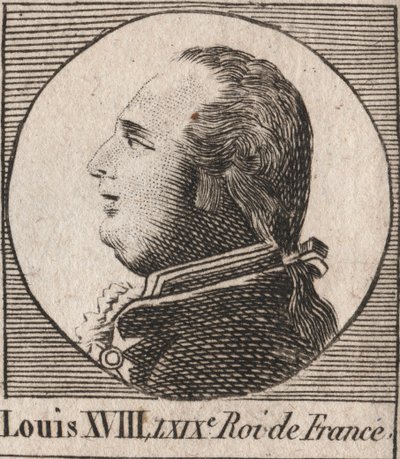 Portret van Lodewijk XVIII (1755-1824), bijgenaamd de Verlangde, Koning van Frankrijk en Navarra van 1814 tot 1815 en van 1815 tot 1824 (gravure uit 
