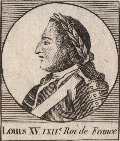 Portret van Lodewijk XV (1710-1774) genaamd de Geliefde, koning van Frankrijk 1715 tot 1774 - Lodewijk XV, bekend als Lodewijk de Geliefde, koning van Frankrijk - gravure uit 