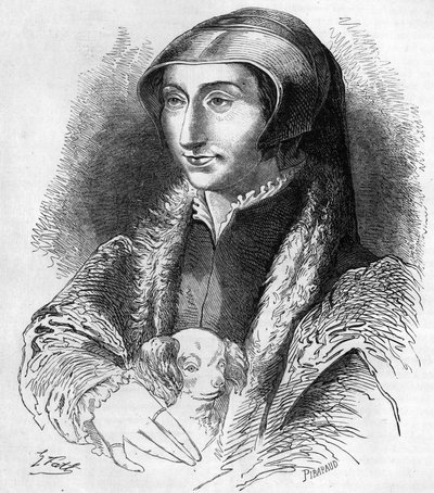 Portret van Margaretha van Navarra (Marguerite van Valois, Marguerite van Angoulême of Marguerite van Frankrijk (1492-1549) koningin van Navarra en dichteres, zus van François I (1553-1615). Gravure uit de 19e eeuw. door Unknown artist