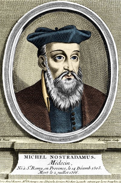 Portret van Michel Nostradamus, arts en astroloog, geboren in Saint-Remy-de-Provence op 14/12/1503 en overleden op 02/07/1566. Gravure uit de 17e eeuw. door Unknown artist