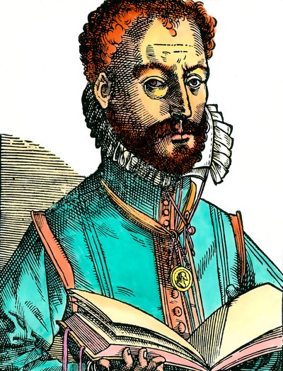 Portret van Orlandus Lassus (1531-1594) muzikant van de Frans-Belgische school met een open boek (witte pagina