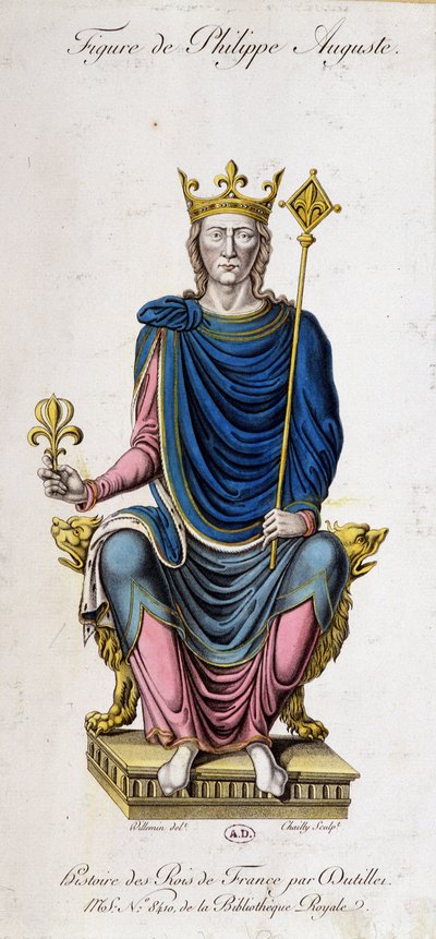 Portret van Filips Augustus op zijn troon - uit een 13e-eeuws document door Unknown artist